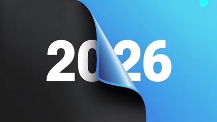 2026 Year two thousand twenty six New Year revealed from under a curled blue paper on a dark background design