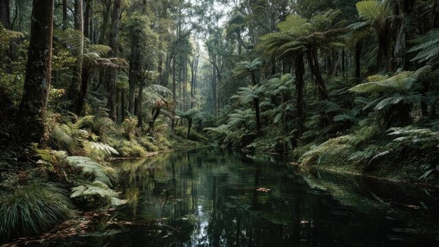 A serene rainforest stream meanders through lush green foliage and ferns, its dark water reflecting the dense jungle. Concept Serene rainforest stream, Lush jungle foliage with ferns