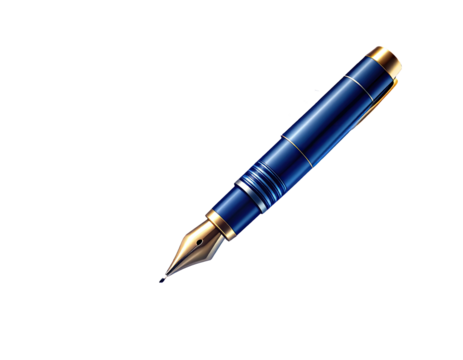Digitally rendered fountain pen, blue body with golden accents, isolated against a black background