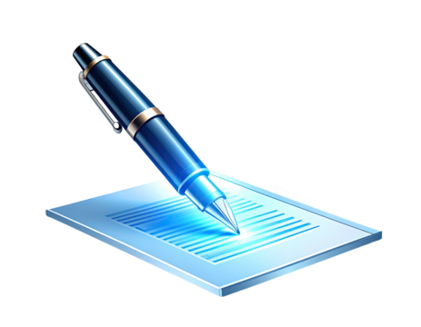 A glossy blue pen writing on a digital document, rendered with shading and reflections