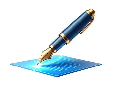 A detailed illustration shows a dark blue fountain pen over a glowing blue paper
