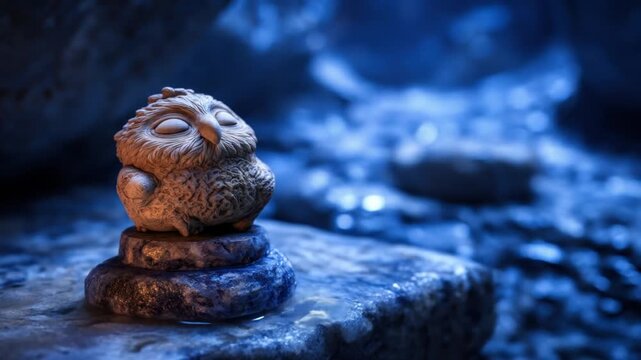 A serene clay owl statue sits on a rock pedestal by flowing water, in a blue-toned natural environment