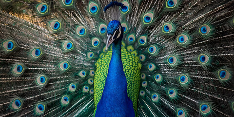 Fototapeta premium A vibrant peacock spreading its colorful feathers in full display.