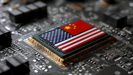 A CPU, with a flag of China and the United States, sits on a circuit board
