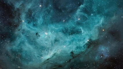 A turquoise nebula in space filled with glowing gas and countless stars. Concept Turquoise Nebula, Glowing Gas, Starry Cosmos, Space Photography, Cosmic Colors
