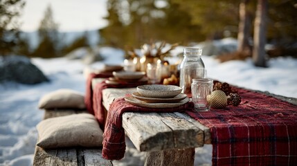 Winter picnic table with handcrafted ceramics and seasonal accents for festive lifestyle visual