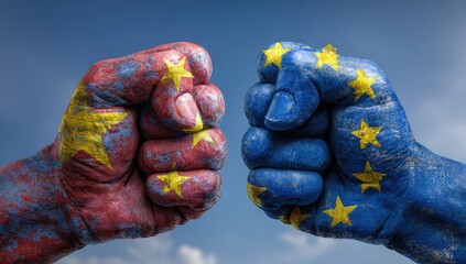 Fist bump of two hands painted with flags, representing conflict, against a blue sky