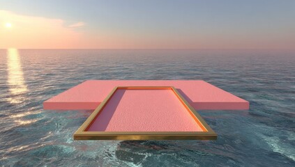 Pink stage floats in water, gold frame center. Calm sea reflects sunset