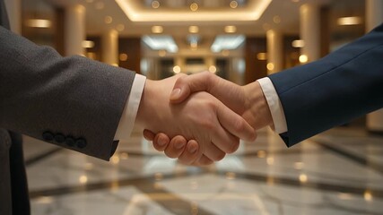 Two businessmen in suits shaking hands in a modern office lobby, symbolizing agreement and partnership. - Powered by Adobe