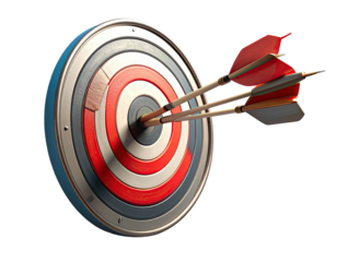Three arrows precisely hit center of a bullseye on a target