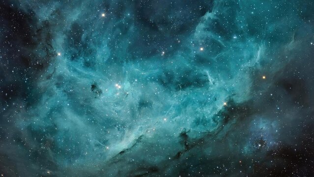 A turquoise nebula in space filled with glowing gas and countless stars. Concept Turquoise Nebula, Glowing Gas, Starry Cosmos, Space Photography, Cosmic Colors - Powered by Adobe