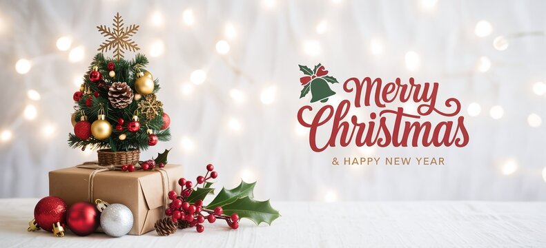 "Festive Christmas Scene with Decorated Tree, Gifts, and Warm Holiday Greetings" - Powered by Adobe