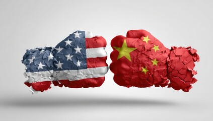 Conceptual depiction of a conflict; fists of two nations collide against a neutral background