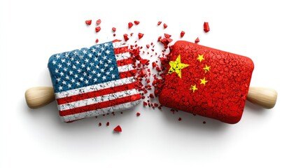 Conceptual representation Rolling pin shattering flag-shaped blocks of USA & China
