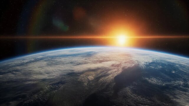 Earth view from space at sunrise with clouds and atmosphere in cosmic background