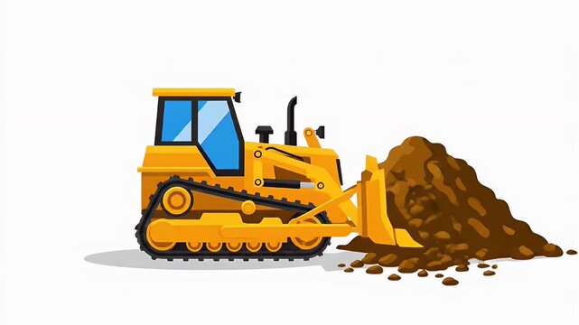 Yellow bulldozer pushing a large pile of earth vector illustration on white background