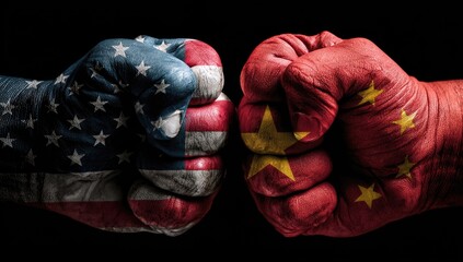 Two clenched fists, one U.S. flag-painted, other China flag-painted, facing each other