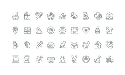 Grooming and vaccine, collar and carrier, aquarium, shampoo thin black and red outline symbols vector illustration Pets care, veterinary hospital for dog and cat, food and animals award line icon set.