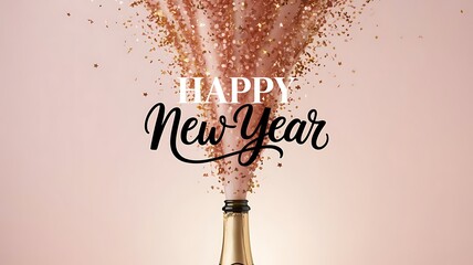 Champagne bottle with happy new year text and golden confetti on a light pink background design