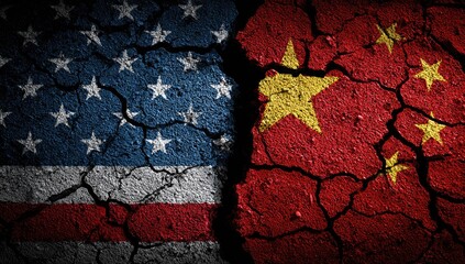 Symbolic depiction of the United States and China divided by a crack, flags merged