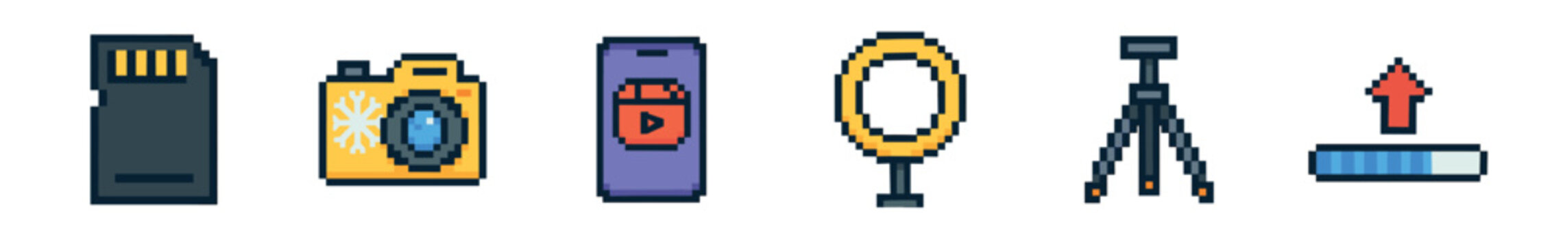A set of pixel art icons showing photography and videography equipment like a camera, memory card, tripod, ring light, and remote control in a retro 8-bit video game aesthetic