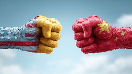 Two clenched fists, painted as flags, collide in front of a cloudy blue sky, symbolizing conflict