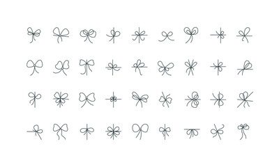 Hand drawing doodle knots type on string in different shape, thin black rope bow in center or corner vector illustration Ribbon bow for gift box, birthday card, present package line icon set.