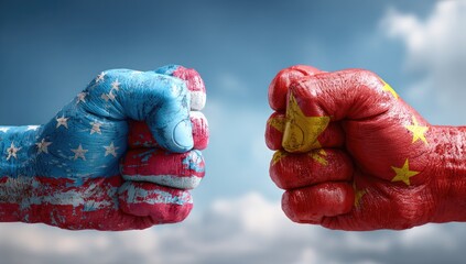 Fists of two countries clash, one painted with stars and stripes, the other with stars