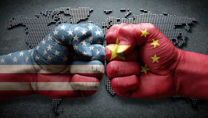 Fists painted as US and Chinese flags clench in front of a world map, symbolizing conflict