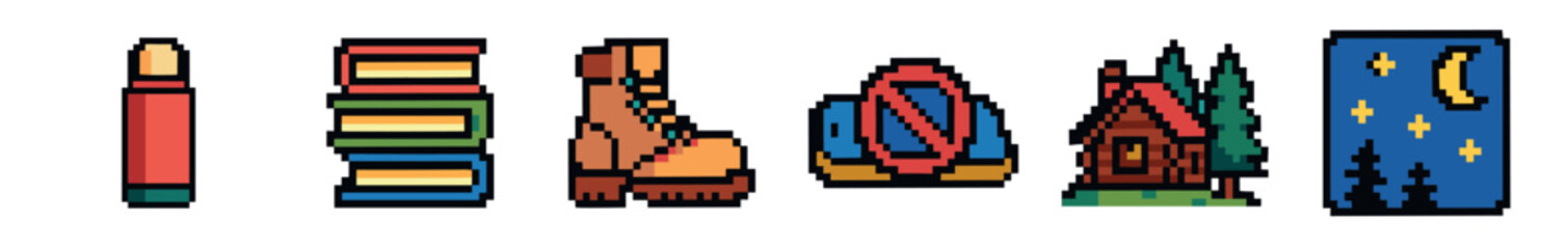 Obraz premium A diverse set of colorful pixel art icons in a retro 8-bit video game style, showing a candle, books, a dinosaur, a character, a forest cabin, and a starry night sky
