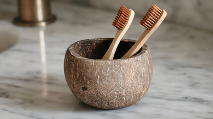 Eco toothbrush in a coconut holder placed on polished marble
