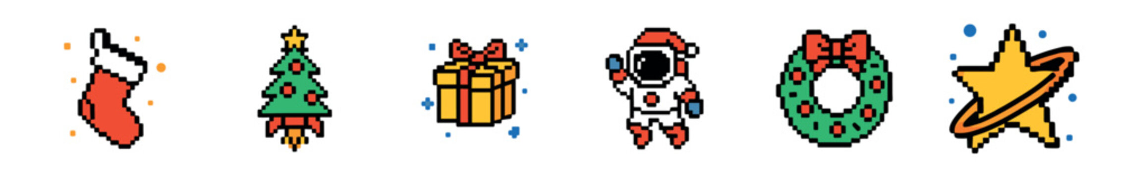 A collection of colorful pixel art icons featuring a festive Christmas and space theme, including an astronaut, rocket tree, gift, stocking, wreath, and star planet