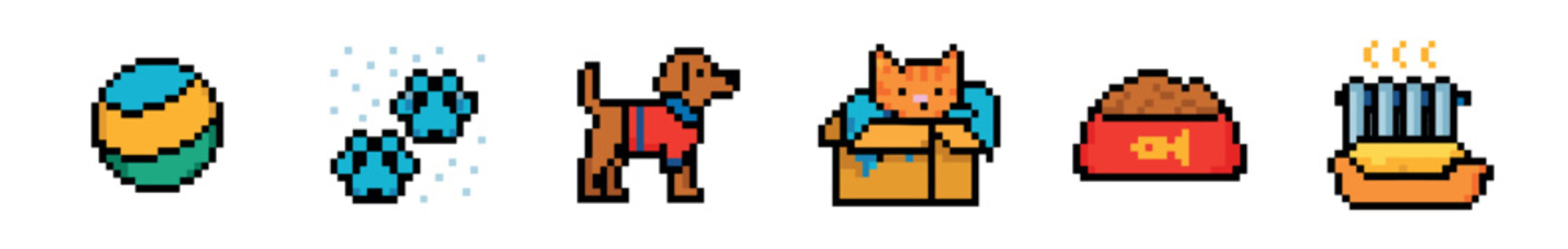 A vibrant collection of pixel art icons featuring a brown dog, an orange cat, blue paw prints, a pet carrier, a full food bowl, and a grooming comb, all rendered in a charming 8-bit style