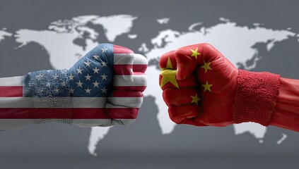 Two clenched fists, painted with national flags, meet against a gray global map backdrop