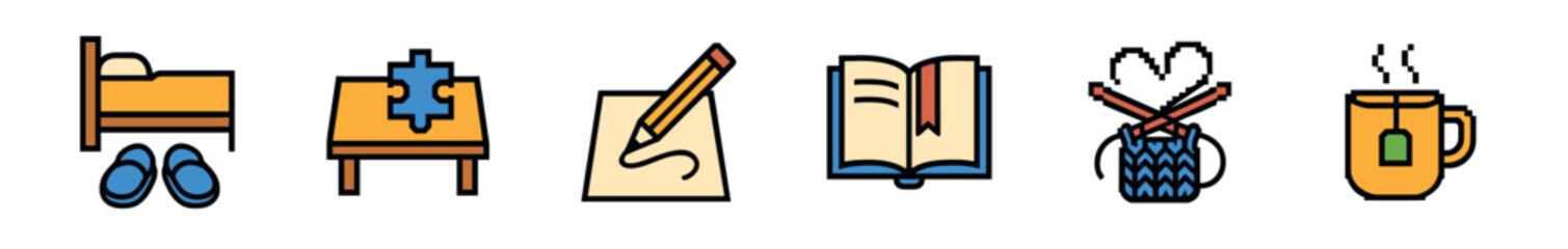 A row of colorful pixel art icons illustrating various home leisure activities and hobbies, including sleeping, puzzling, writing, reading, knitting, and enjoying a hot beverage