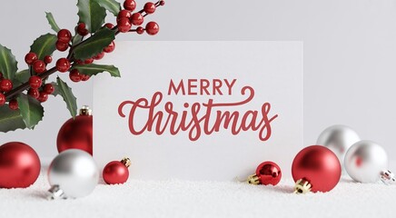 "Elegant Merry Christmas Card with Red Baubles and Holly Berries"