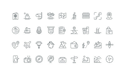 Wildlife park and city exploration, trip distance thin black and red outline symbol vector illustration Adventure in travel, beach vacation and tourism, food and shopping, walking route line icon set.