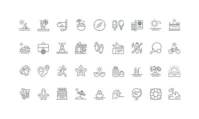 Palm tree and starfish, diving, ice cream and cocktail thin black and red outline symbols vector illustration Beach holidays, travel cruise on ship, summer relax and sunset, swimming line icon set.