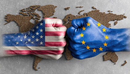 Two fists decorated with national symbols, poised over a world map backdrop, symbolizing conflict