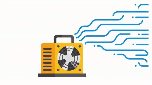 Yellow power supply unit with cooling fan and data stream flat vector icon