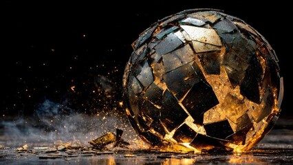 A glowing golden mosaic sphere made of shattered tiles, resting on a dark surface with sparks. Concept Glowing golden mosaic sphere, shattered tile textures and reflections, dark moody surface