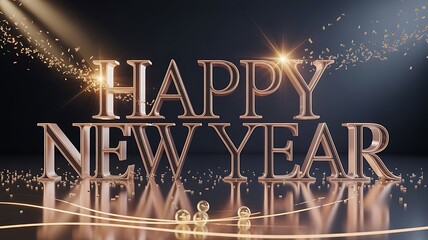 Happy new year text in rose gold with confetti and light flares on a dark reflective surface