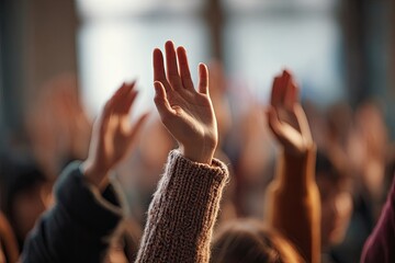 Selective focus on raised arms, with a textured sleeve and blurred background
