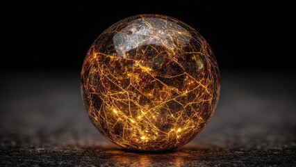 A glass orb illuminated from within, its interior network of golden crack-like filaments glowing. Concept Glass Orb with Inner Glow, Intricate Network of Golden Crack-Like Filaments