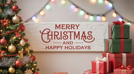 "Festive Christmas Scene with Decorated Tree, Gifts, and Warm Holiday Greetings"