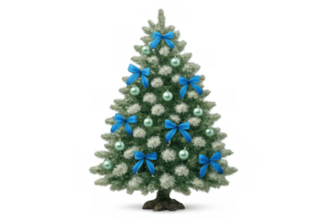Christmas tree decorated with blue bows and light green ornaments, celebrating holiday season, transparent background