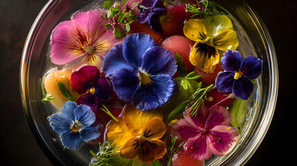 Edible flower and fruit salad in round glass bowl with herbs