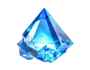 A translucent, blue, faceted crystal formation with rough edges, isolated on a black background