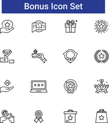 Savings Icons Set. Outline icon set of savings incentives: bonus badge, referral gift box, cashback coin, tiered badge, loyalty
