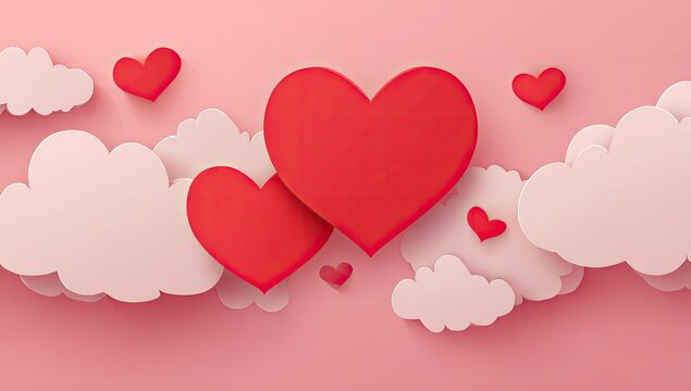 Animated image of floating red hearts among fluffy, layered white and pink clouds